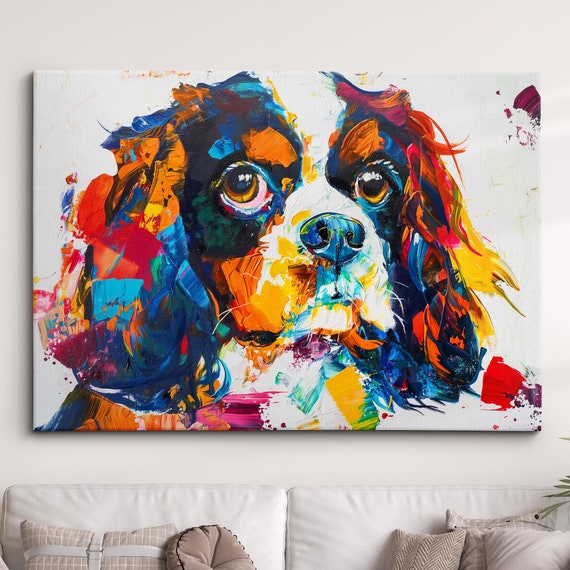Colorful King Charles Spaniel Dog Pet Abstract Modern Oil Painting Wall Art Framed Canvas Poster Print Home Kitchen Office Room Decor Gift