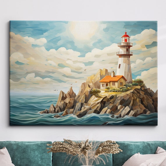 Lighthouse Beach Water Paint Night Sea Waves Abstract Oil Painting Wall Art Framed Canvas Poster Print Homeoffice Room Decor Gifts