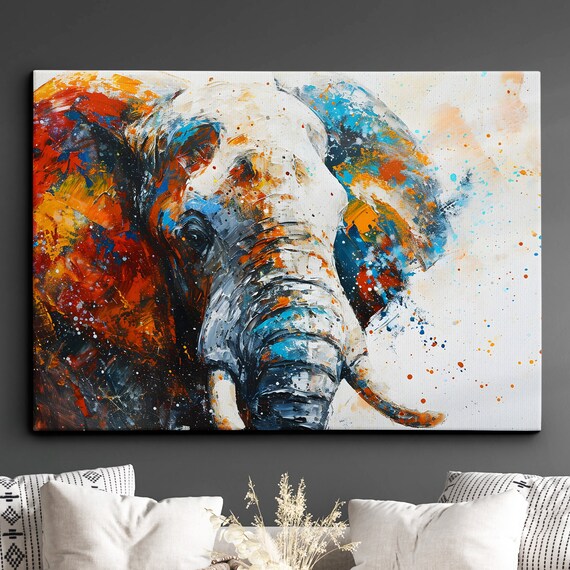 Elephant Animal Abstract Oil Painting Colourful Paint Splatter Style Wall Art Framed Canvas Poster Print Homeoffice Room Decor Gifts