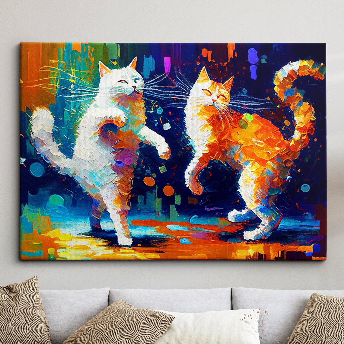Dancing Cats Colorful Abstract Oil Painting Funny Cat Art Poster