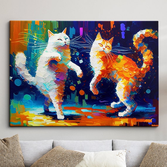 Colorful Dancing Cats Pet Abstract Modern Oil Painting Wall Art Framed Canvas Poster Print Home Kitchen Office Room Decor Gifts
