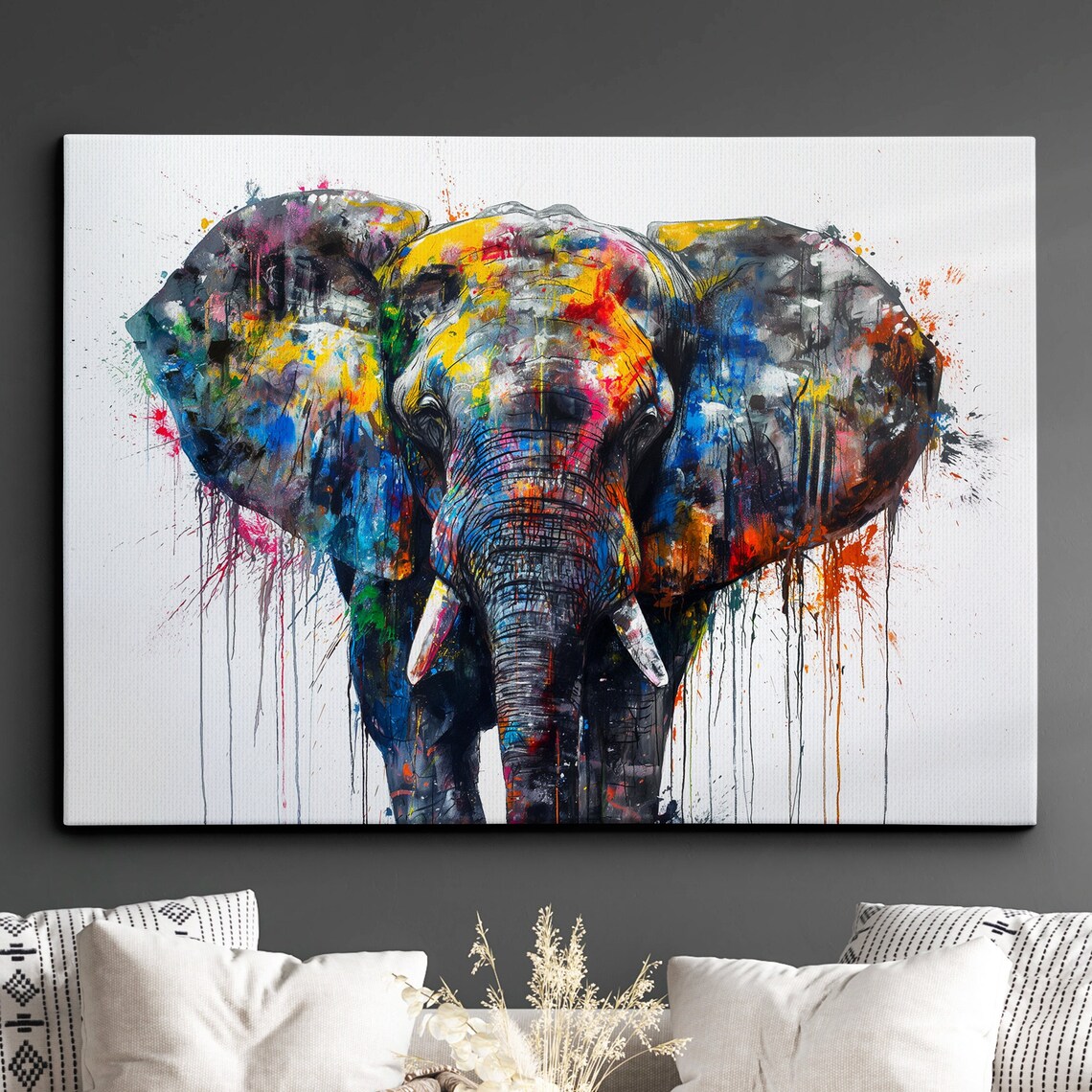 Colorful Elephant Paint Splatter Abstract Wildlife Animal Wall Art