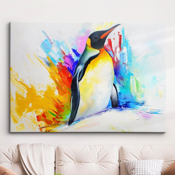 Penguin Animal Abstract Oil Painting Colourful Paint Splatter Style Wall Art Framed Canvas Poster Print Homeoffice Room Decor Gifts