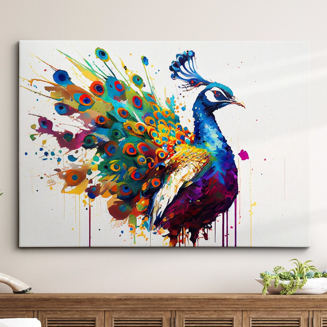 Peacock Abstract Bird Oil Painting Splatter Art Print