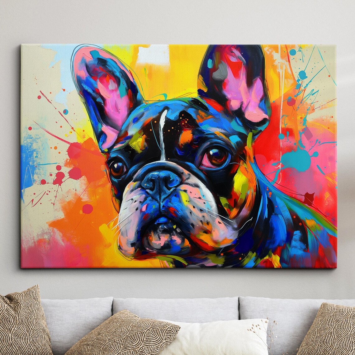 Colorful French Bulldog Dog Pet Abstract Modern Oil Painting Wall Art Framed Canvas Poster Print Home Kitchen Office Room Decor Gifts