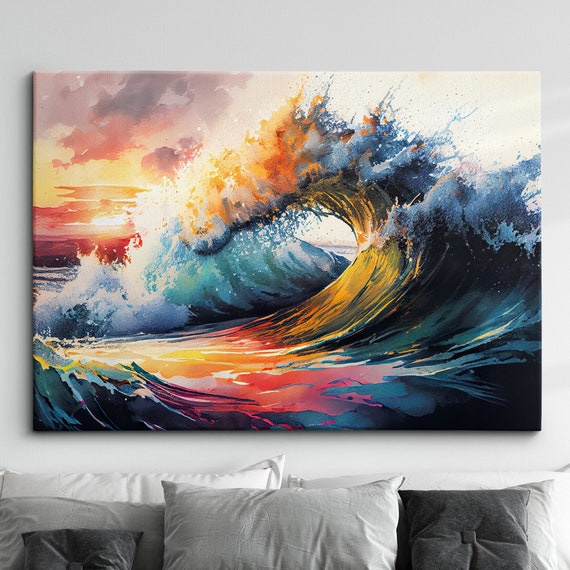Crashing Colourful Waves Beach Ocean Abstract Oil Painting Wall Art Framed Canvas Poster Print Home Kitchen Office Room Decor Gifts
