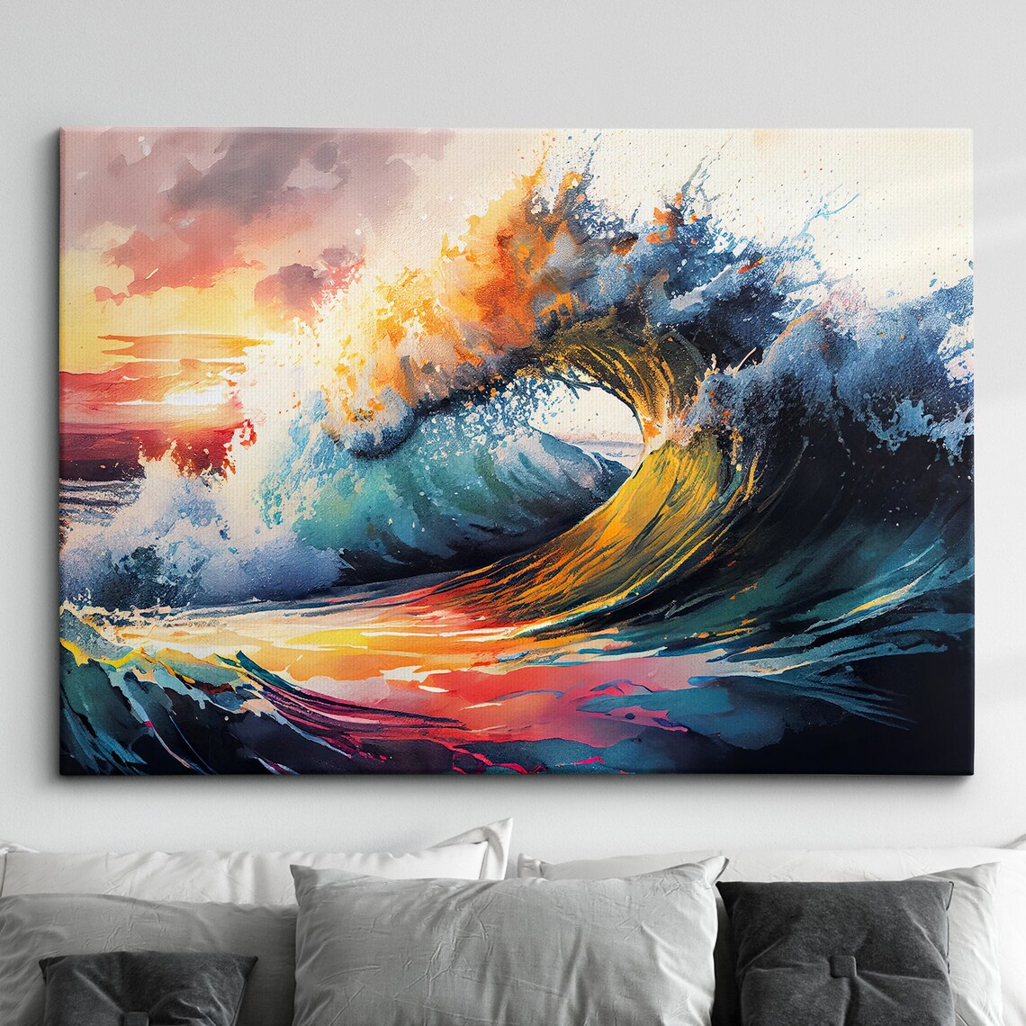 Crashing Ocean Wave Sunset Dramatic Oil Painting Style Art Poster