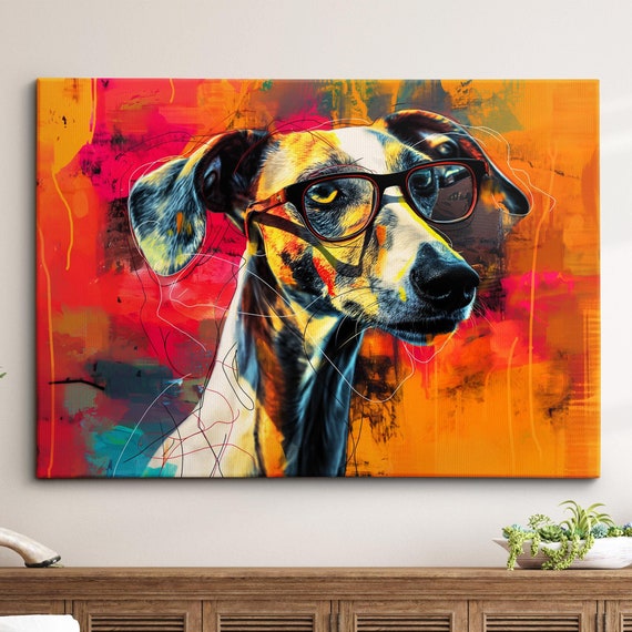 Colorful Whippet Dog Glasses Pet Abstract Modern Oil Painting Wall Art Framed Canvas Poster Print Home Kitchen Office Room Decor Gifts