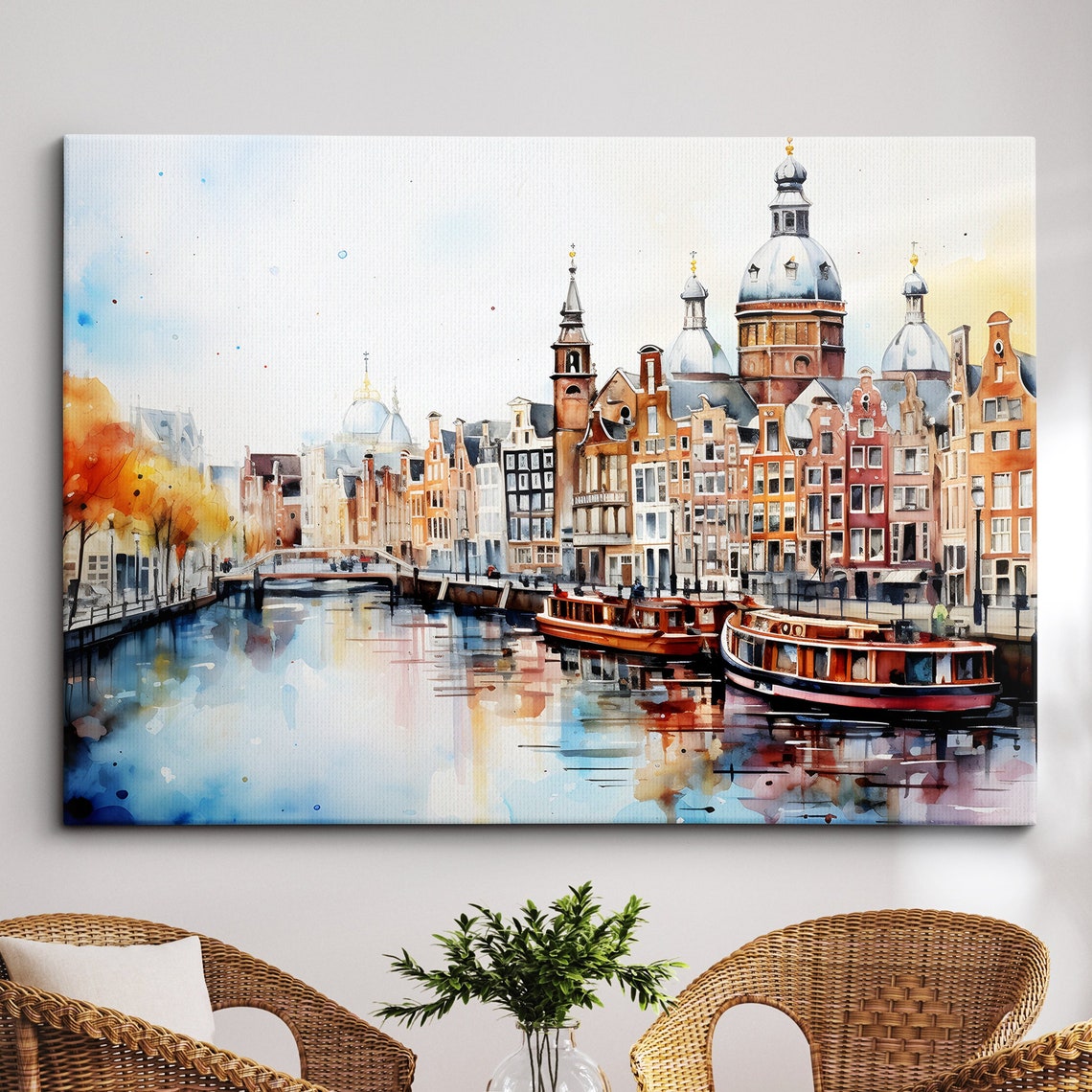Amsterdam Netherlands Canal Boat Europe Landmark Oil Painting Watercolor Wall Art Framed Canvas Poster Print Homeoffice Room Decor Gifts