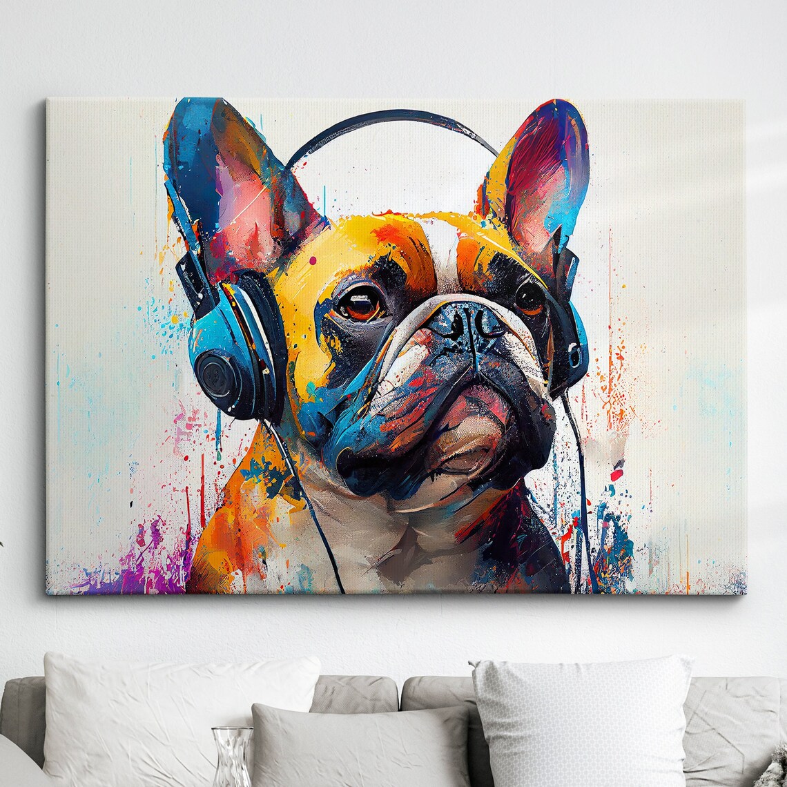 French Bulldog With Headphones, Modern Dog Art Print