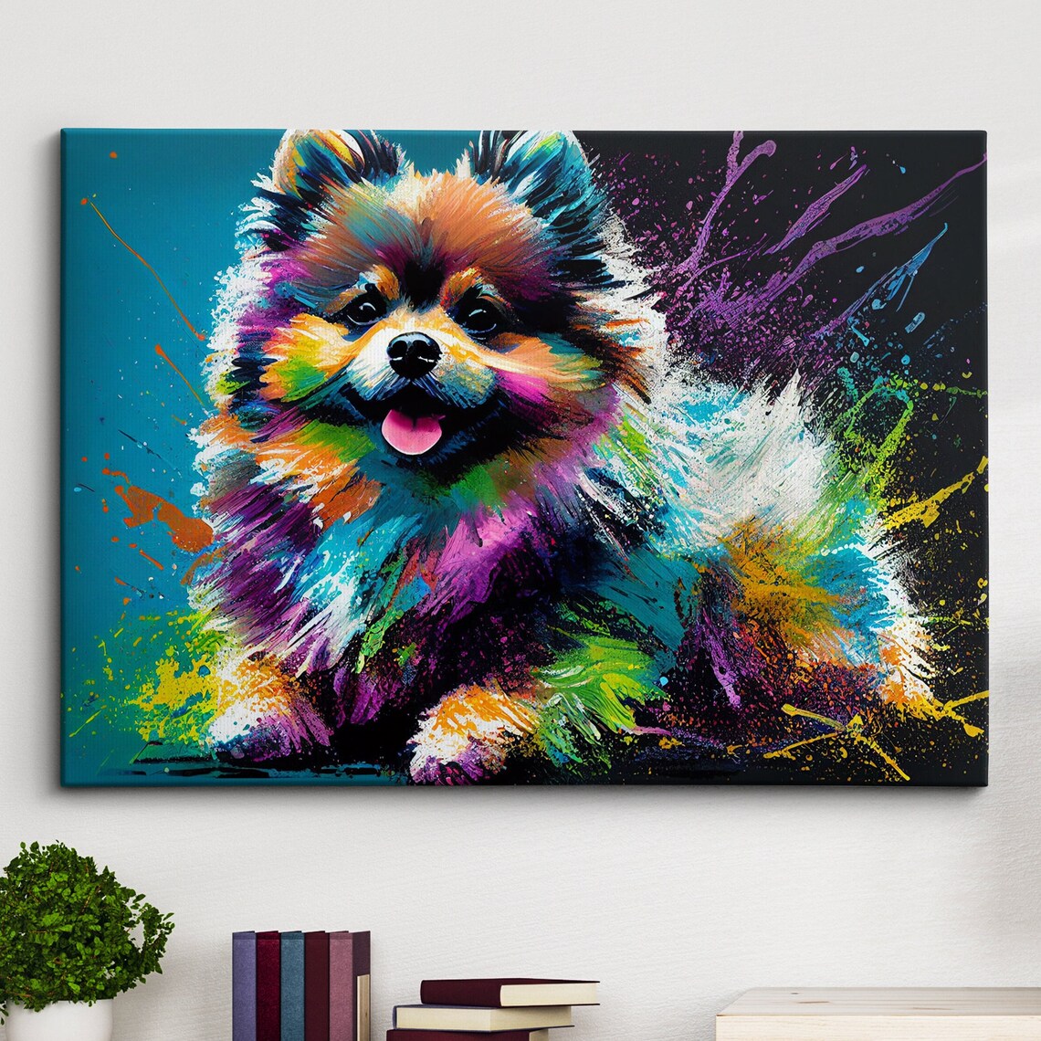 Smiling Pomeranian Puppy Colorful Splash Dog Portrait Art Poster