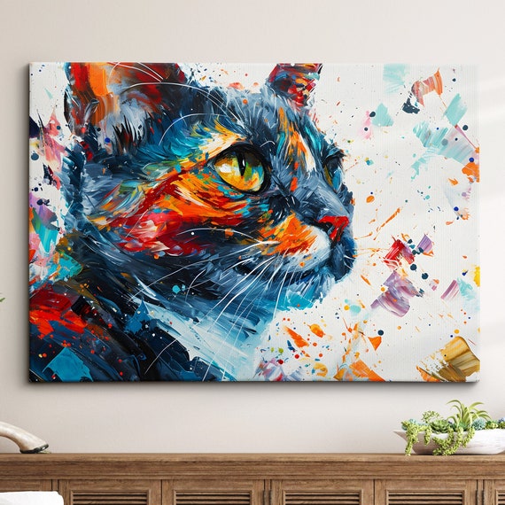 Bright Colorful Cat Pet Abstract Modern Oil Painting Wall Art Framed Canvas Poster Print Home Kitchen Office Room Decor Gift Ideas