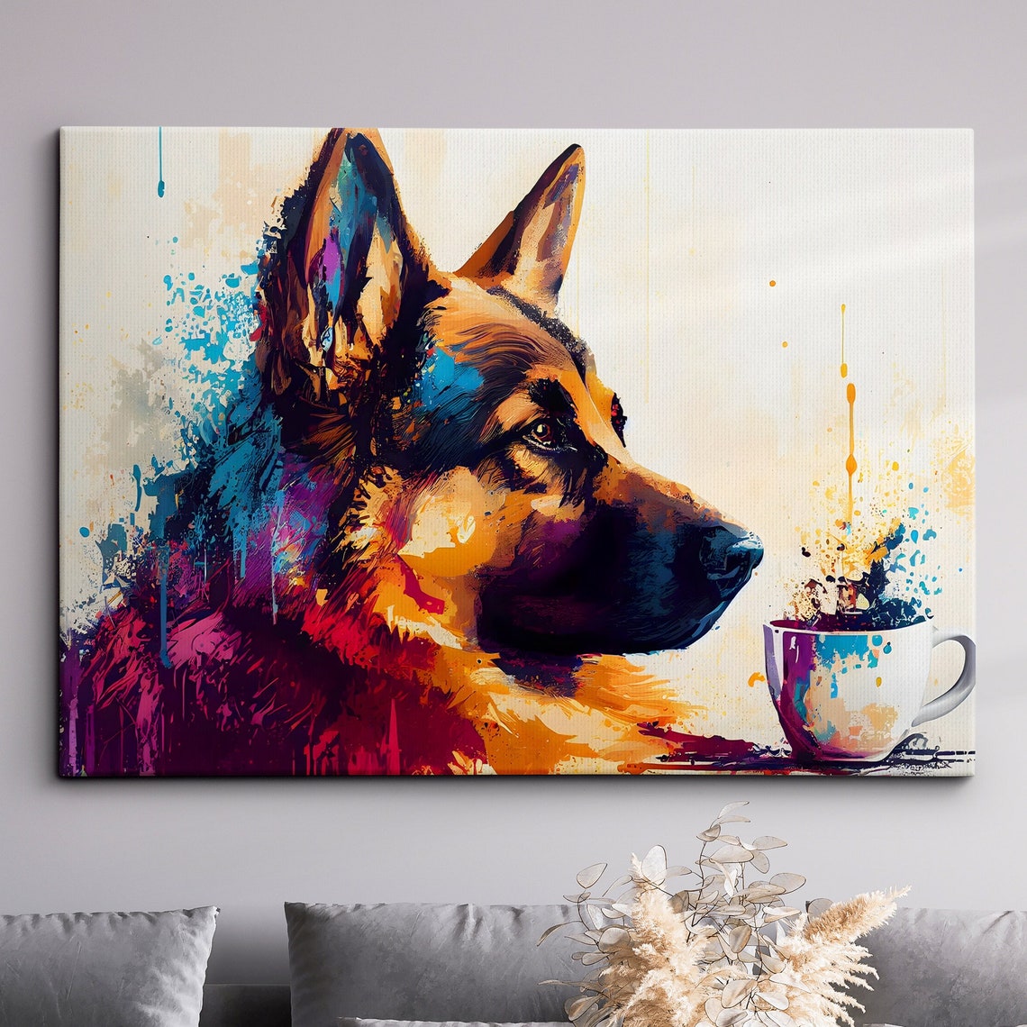German Shepherd With Coffee Mug Colorful Splash Art Poster Design