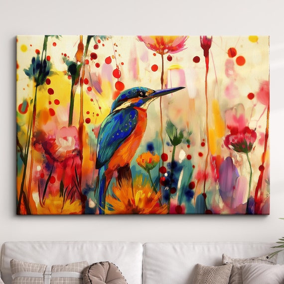 Colorful Kingfisher Abstract Bird Oil Painting Splatter Pet Animal Wall Art Framed Canvas Poster Print Home Living Room Decor