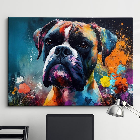 Boxer With Flowers Dog Pet Abstract Modern Oil Painting Wall Art Framed Canvas Poster Print Home Kitchen Office Room Decor Gifts