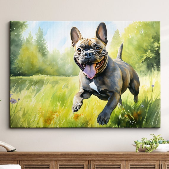 French Bulldog Dog Pet Field Abstract Watercolor Painting Wall Art Framed Canvas Poster Print Home Kitchen Living Room Decor Gifts