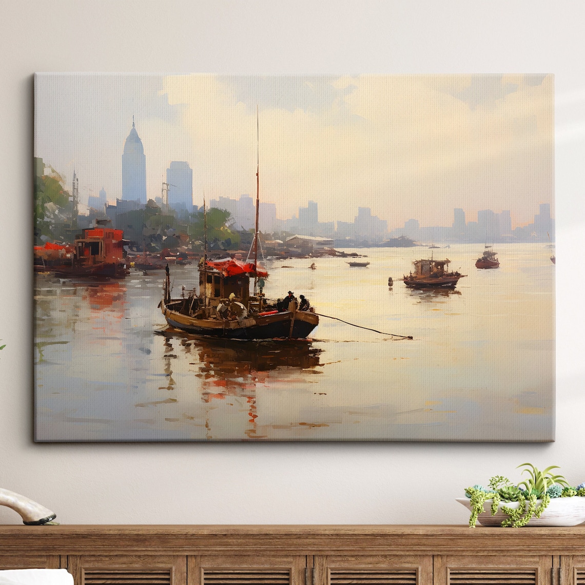 Bangkok River Boats Misty Morning Thailand Oil Painting Poster