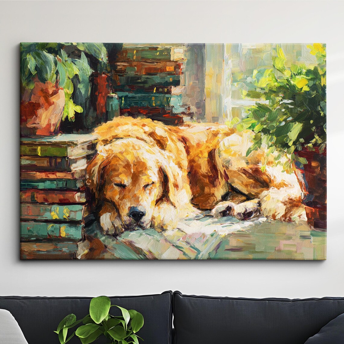 Golden Retriever Napping by Books Cozy Oil Painting Poster Art