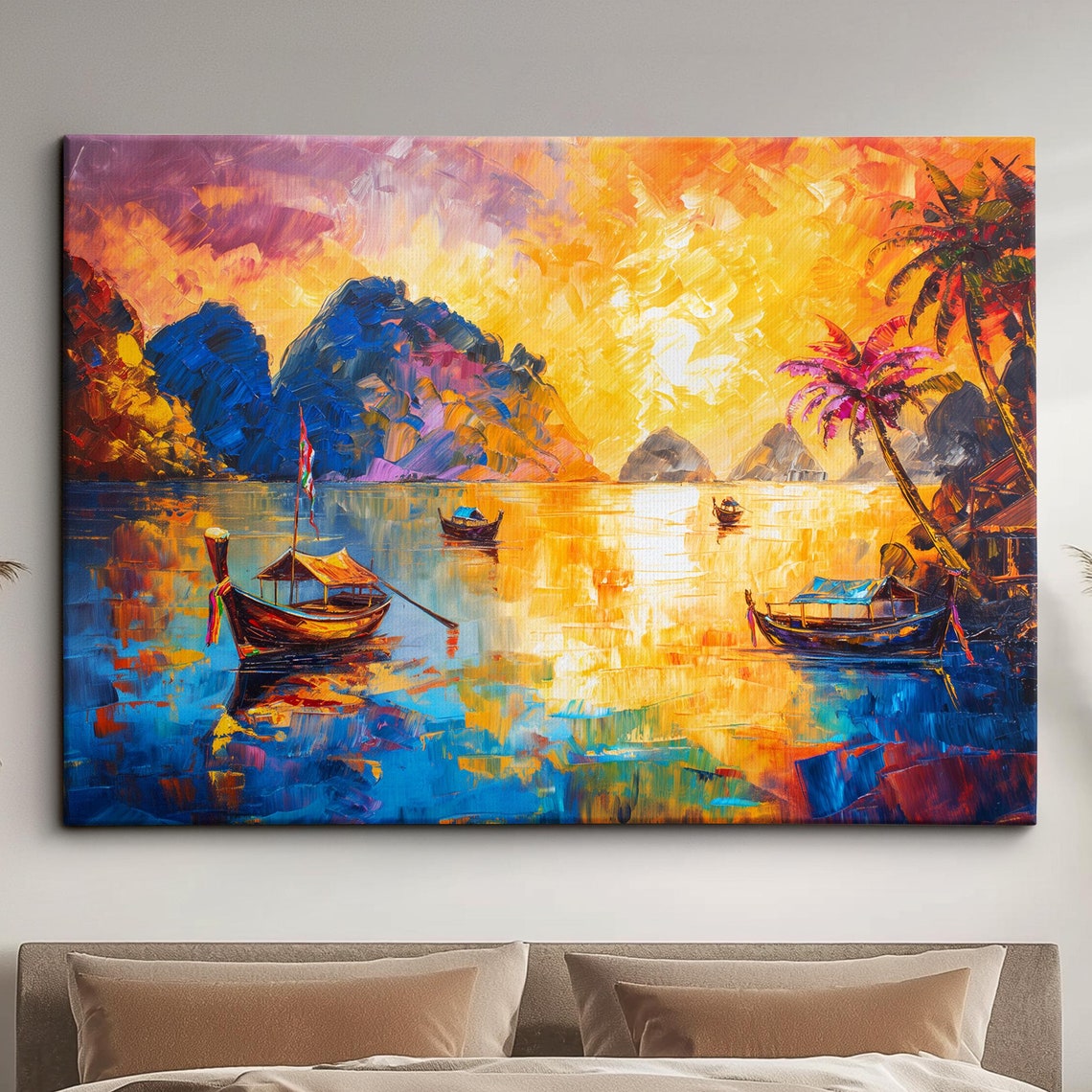 Thailand Long Tail Boats Sunset Impasto Tropical Oil Painting Poster