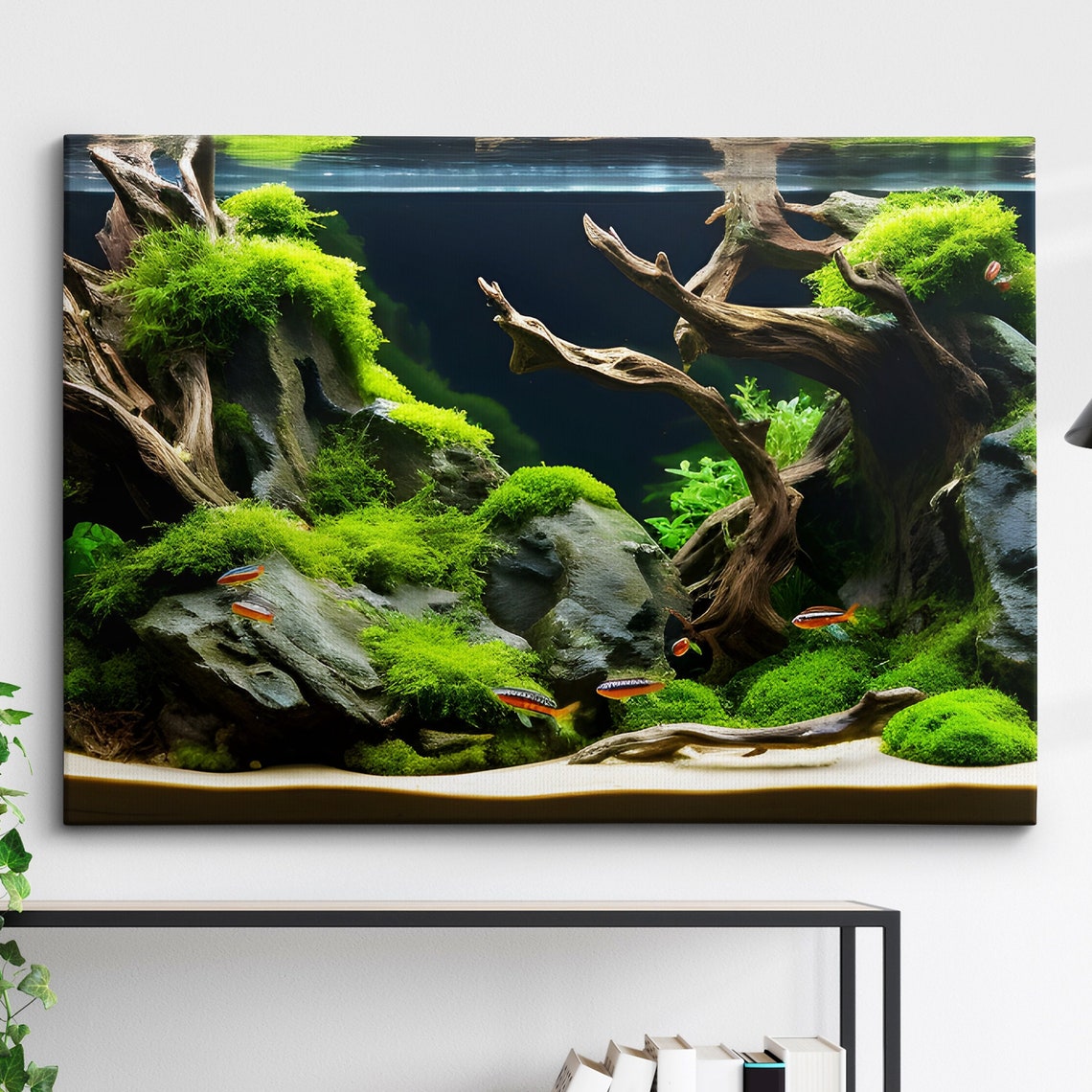 Mossy Driftwood Planted Aquarium With Tetras Underwater Poster