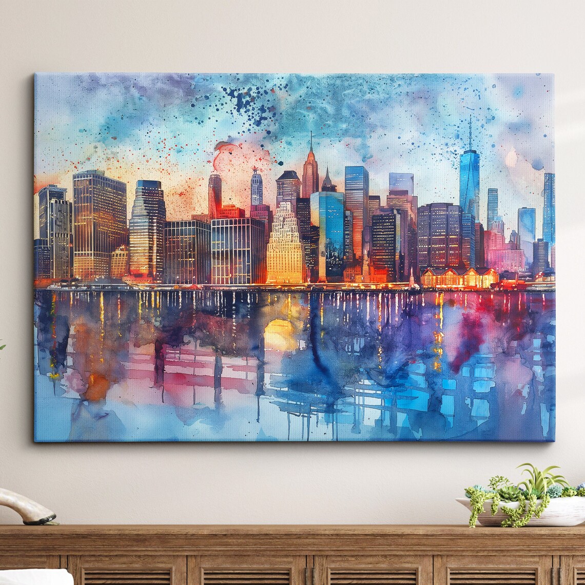 New York City Skyline Sunset America Landmark Oil Painting Style Wall Art Framed Calming Canvas Poster Print Home Office Room Decor Gifts