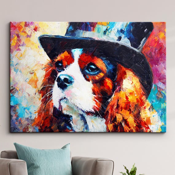 Cavalier King Charles Spaniel In A Top Hat Animal Abstract Oil Painting Splatter Style Wall Art Framed Canvas Poster Print Home Decor Gifts