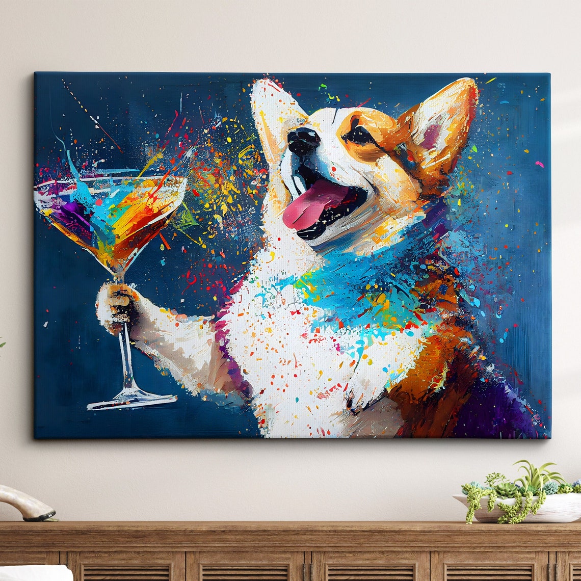 Corgi Toasting With Cocktail Glass Funny Abstract Dog Party Art Poster
