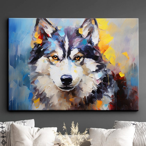 Colorful Siberian Husky Dog Pet Abstract Modern Oil Painting Wall Art Framed Canvas Poster Print Home Kitchen Living Room Decor Gift