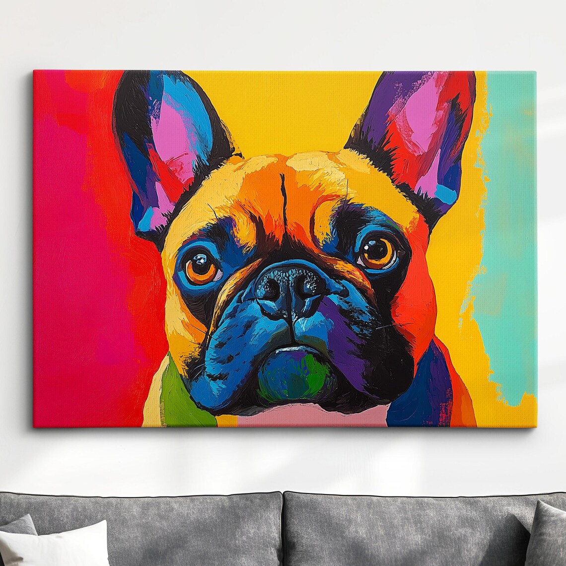 French Bulldog Rainbow Pop Art Oil Painting Portrait on Canvas Poster