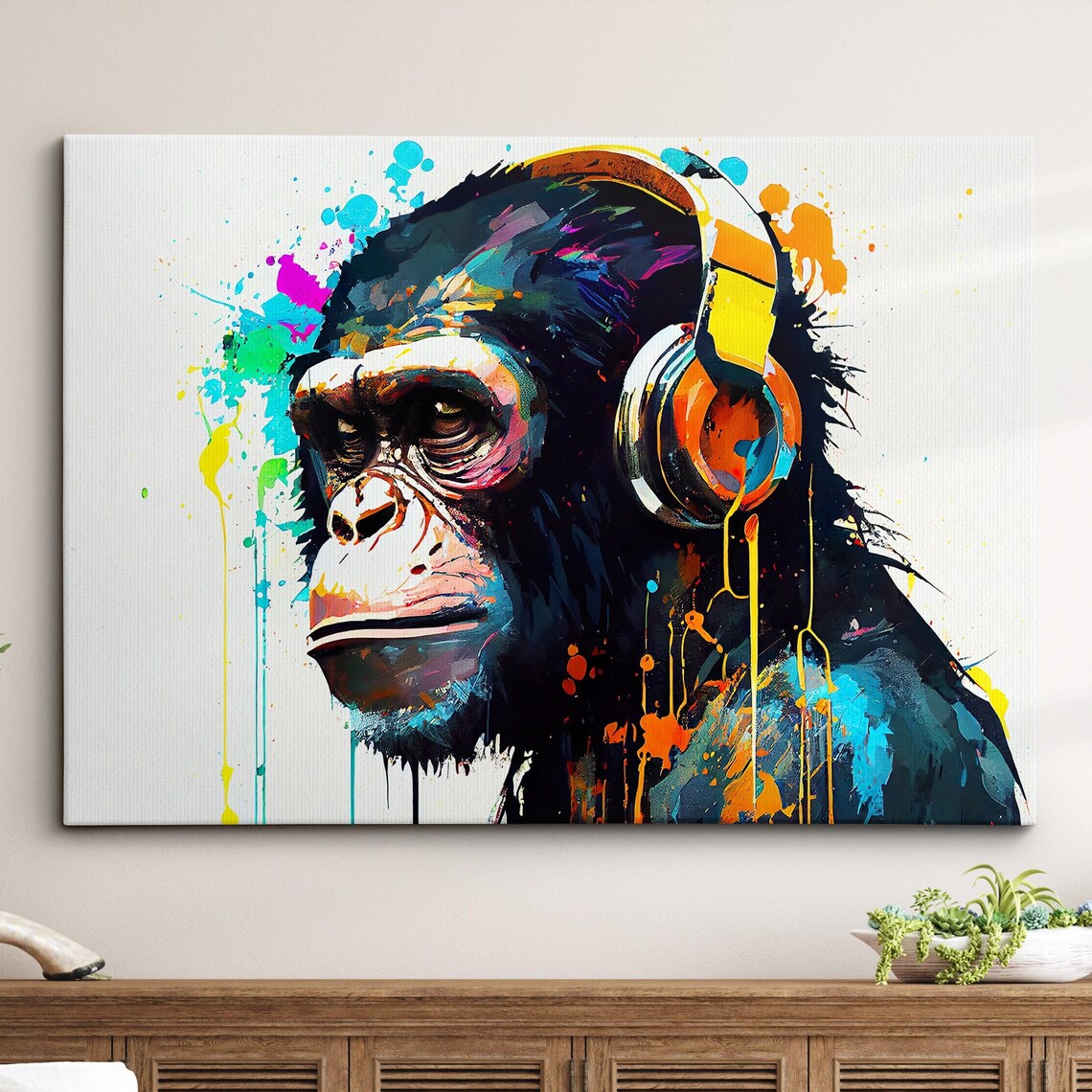 Chimp With Headphones DJ Abstract Art Print