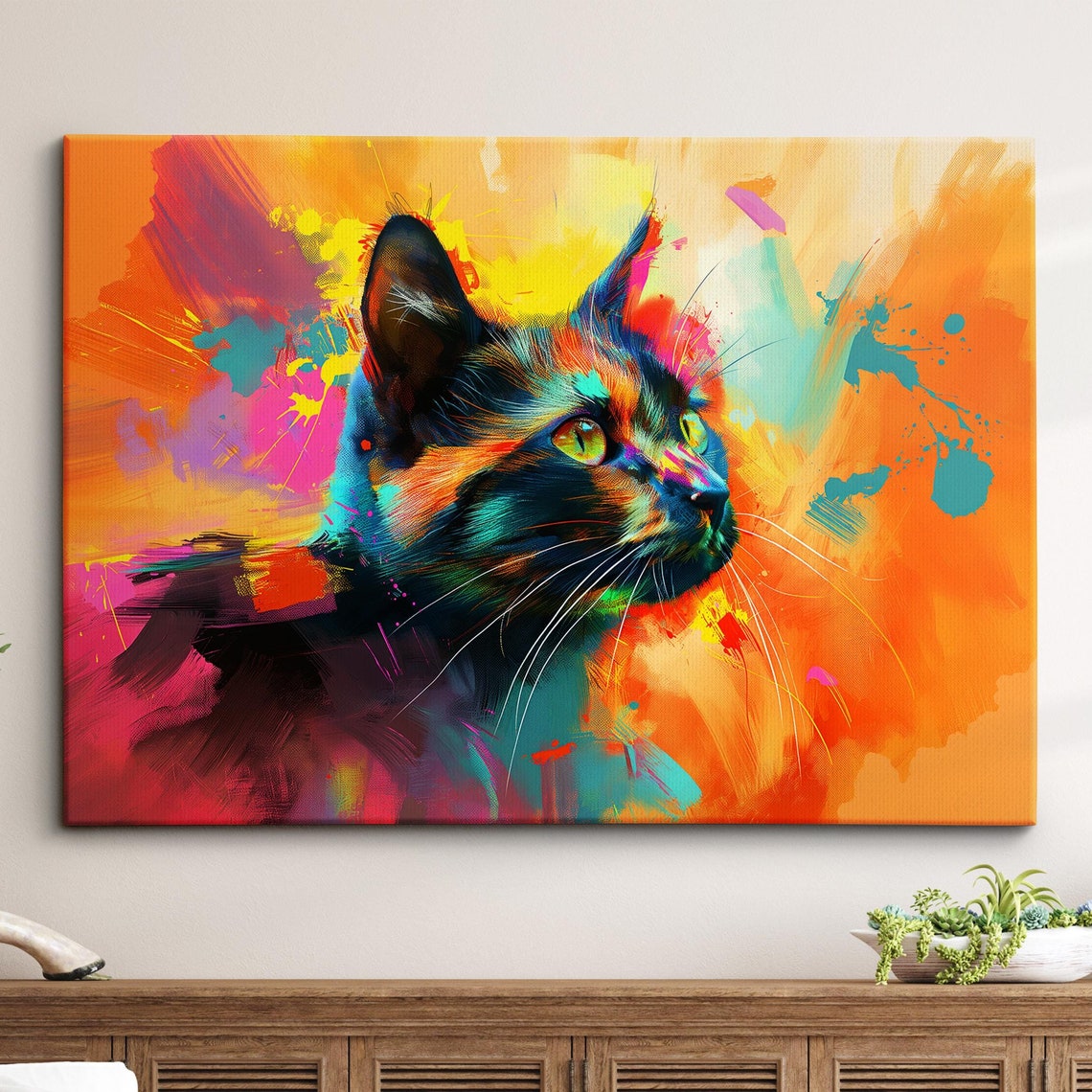 Bright Colorful Cat Pet Abstract Modern Oil Painting Wall Art Framed Canvas Poster Print Home Kitchen Room Decor Gift Ideas