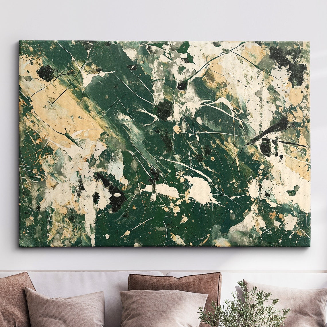 Forest Green Abstract Splatter Painting Cream Black Art Print