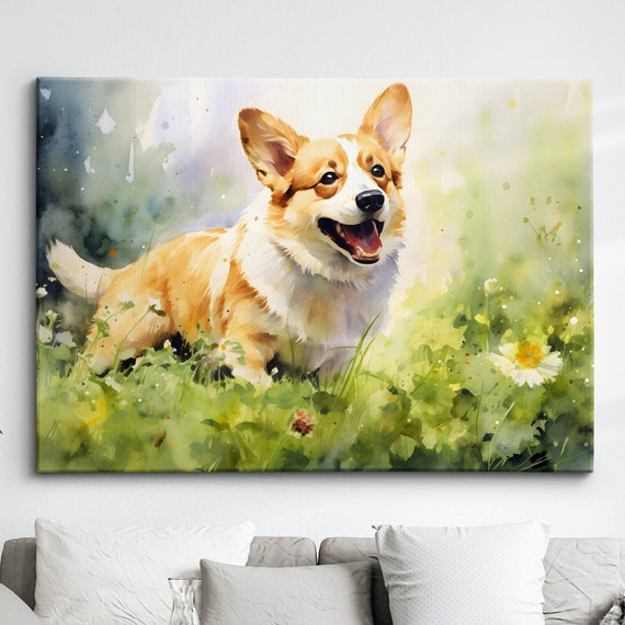 Pembroke Welsh Corgi Dog Pet Abstract Watercolor Painting Wall Art Framed Canvas Poster Print Home Kitchen Living Room Decor Gifts
