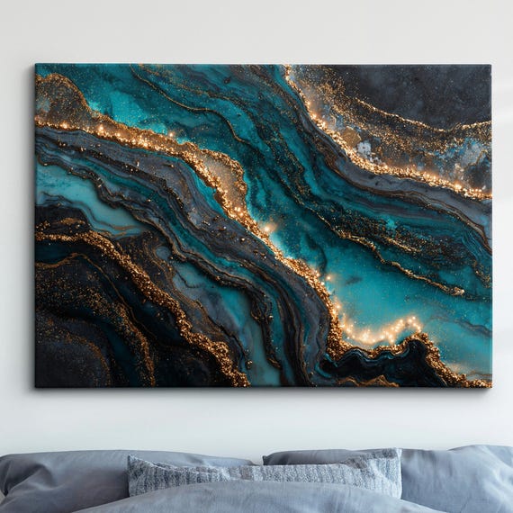 Modern Abstract Blue Gold Minimalist Marble Oil Painting Wall Art Framed Canvas Poster Print Home Living Room Decor Gift Ideas