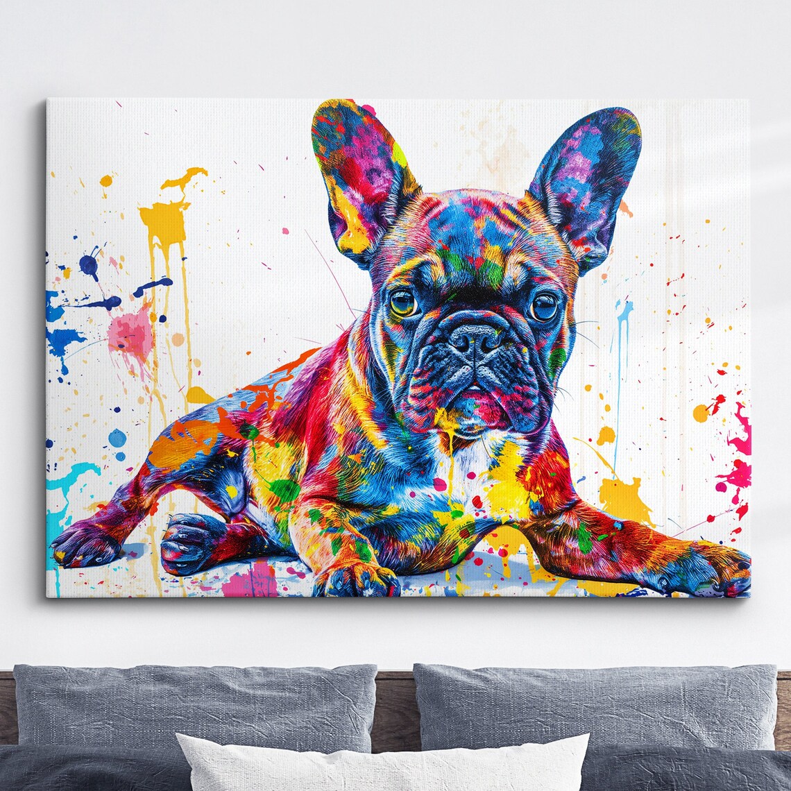 Colorful French Bulldog Dog Pet Abstract Modern Oil Painting Wall Art Framed Canvas Poster Print Home Living Room Decor Gift Ideas