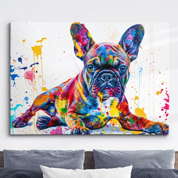 Colorful French Bulldog Dog Pet Abstract Modern Oil Painting Wall Art Framed Canvas Poster Print Home Living Room Decor Gift Ideas
