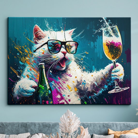 Cat Drinking Wine Modern Abstract Art Print