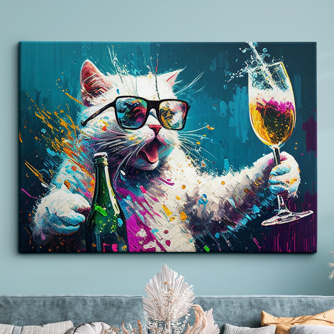 Cat Drinking Wine Modern Abstract Art Print