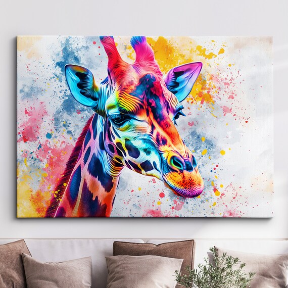 Colorful Giraffe Abstract Animal Oil Painting Style Landscape Wall Art Framed Canvas Poster Print Home Kitchen Living Bedroom Decor Gifts