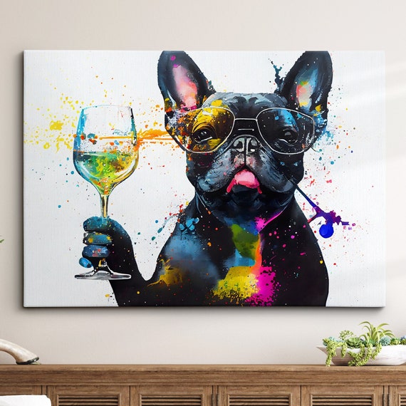 French Bulldog Toasting Drink Dog Pet Abstract Modern Painting Wall Art Framed Canvas Poster Print Home Kitchen Office Room Decor Gifts