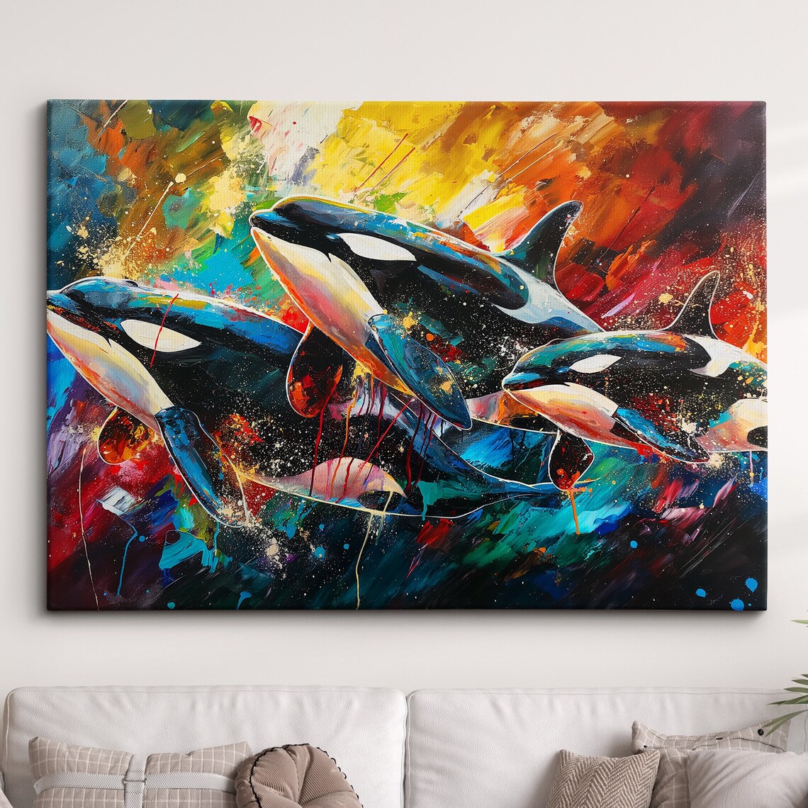 Three Orcas Swimming Together Colorful Abstract Oil Painting Poster