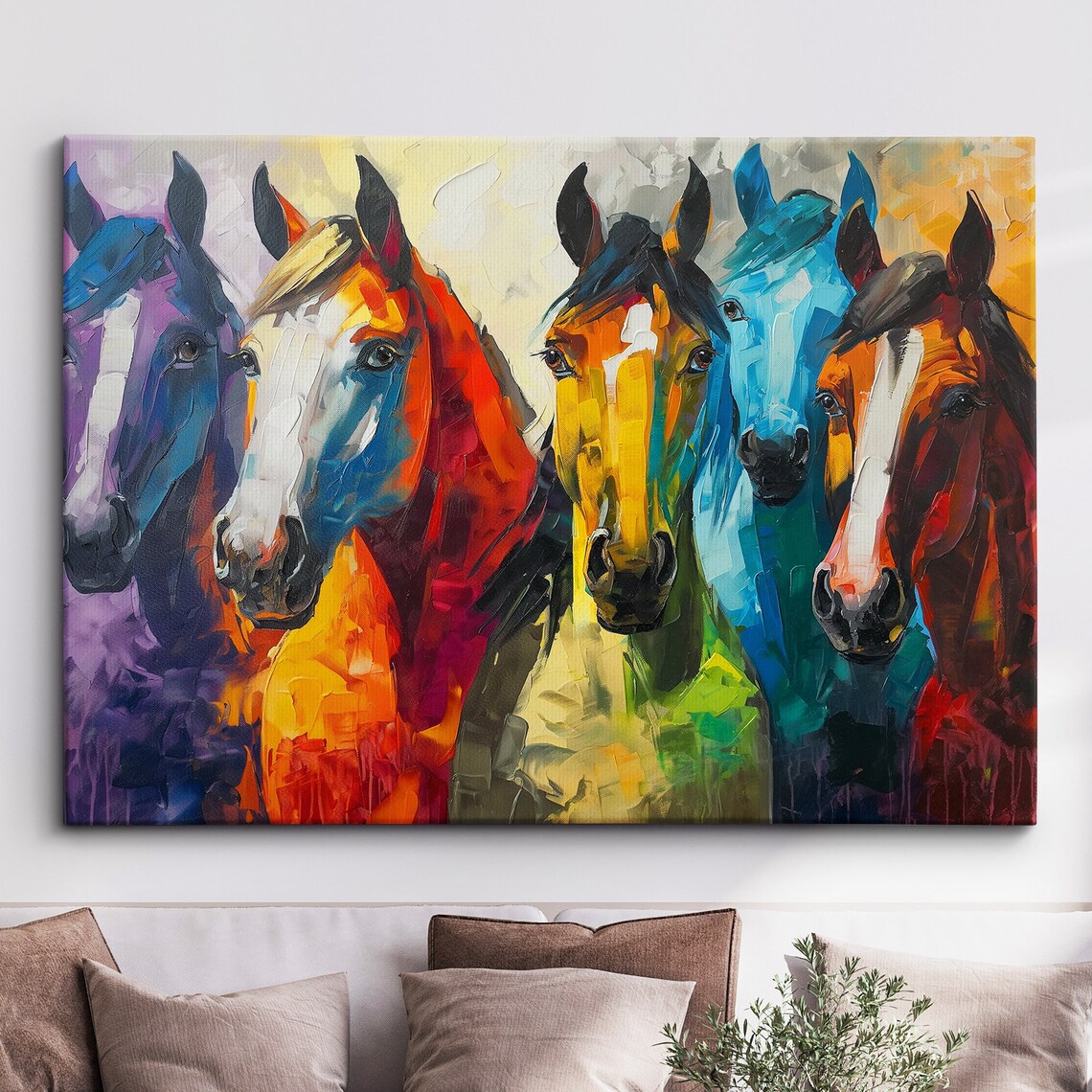 Five Colorful Horse Heads Abstract Oil Painting Pop Art Poster