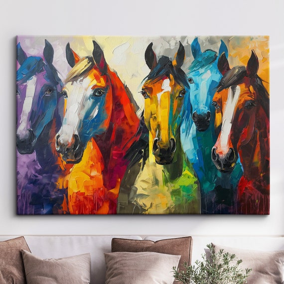 Colorful Horses Animal Abstract Oil Painting Paint Splatter Style Wall Art Framed Canvas Poster Print Home Living Room Decor Fun Horse Gift