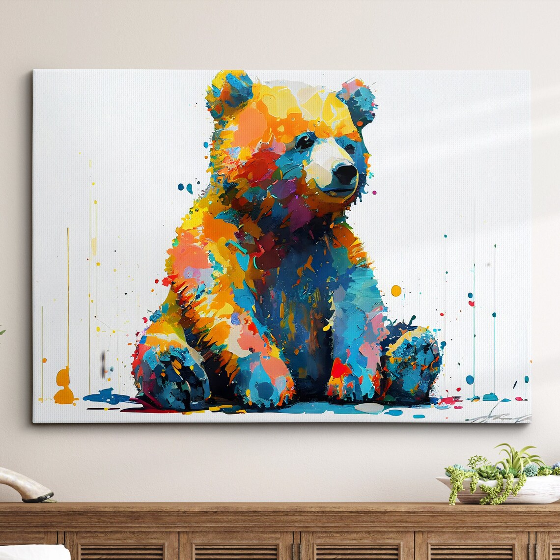 Colorful Teddy Bear Splash Art Cute Sitting Cub Painting Poster
