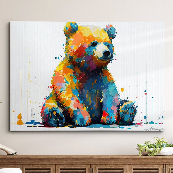 Teddy Bear Sitting Down Animal Abstract Modern Painting Wall Art Framed Canvas Poster Print Home Kitchen Office Room Decor Kids Gifts