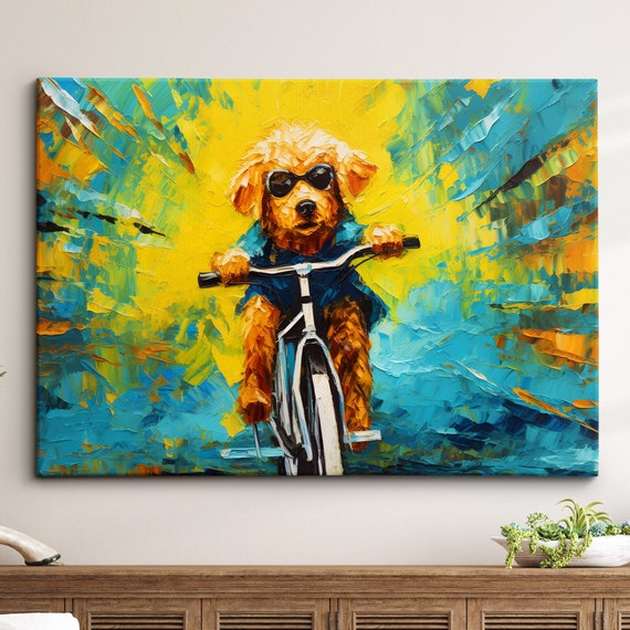 Doodle Dog Riding Bike Unique Pet Abstract Modern Oil Painting Wall Art Framed Canvas Poster Print Home Kitchen Office Room Decor Gifts