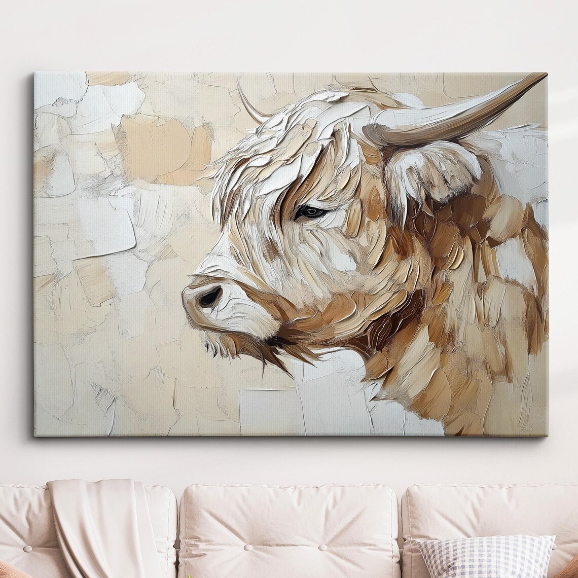 Highland Cow Oil Painting Poster Neutral Impasto Modern Farmhouse Art