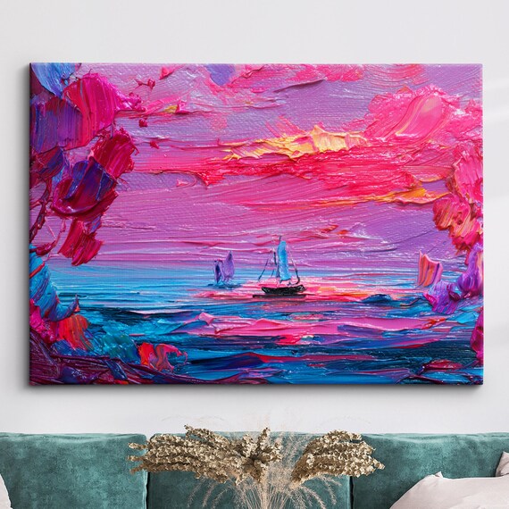 Abstract Sailboat Sunset Impasto Oil Painting Pink Blue Canvas Poster