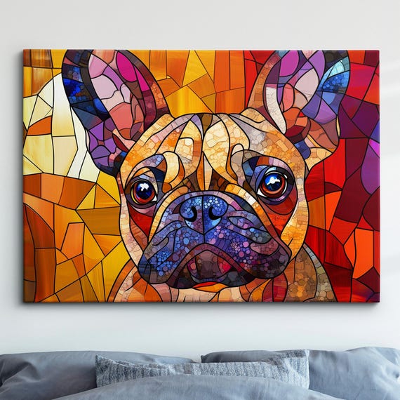 French Bulldog Stain Glass Window Painting Dog Pet Abstract Modern Oil Wall Art Framed Canvas Poster Print Home Kitchen Office Room Decor