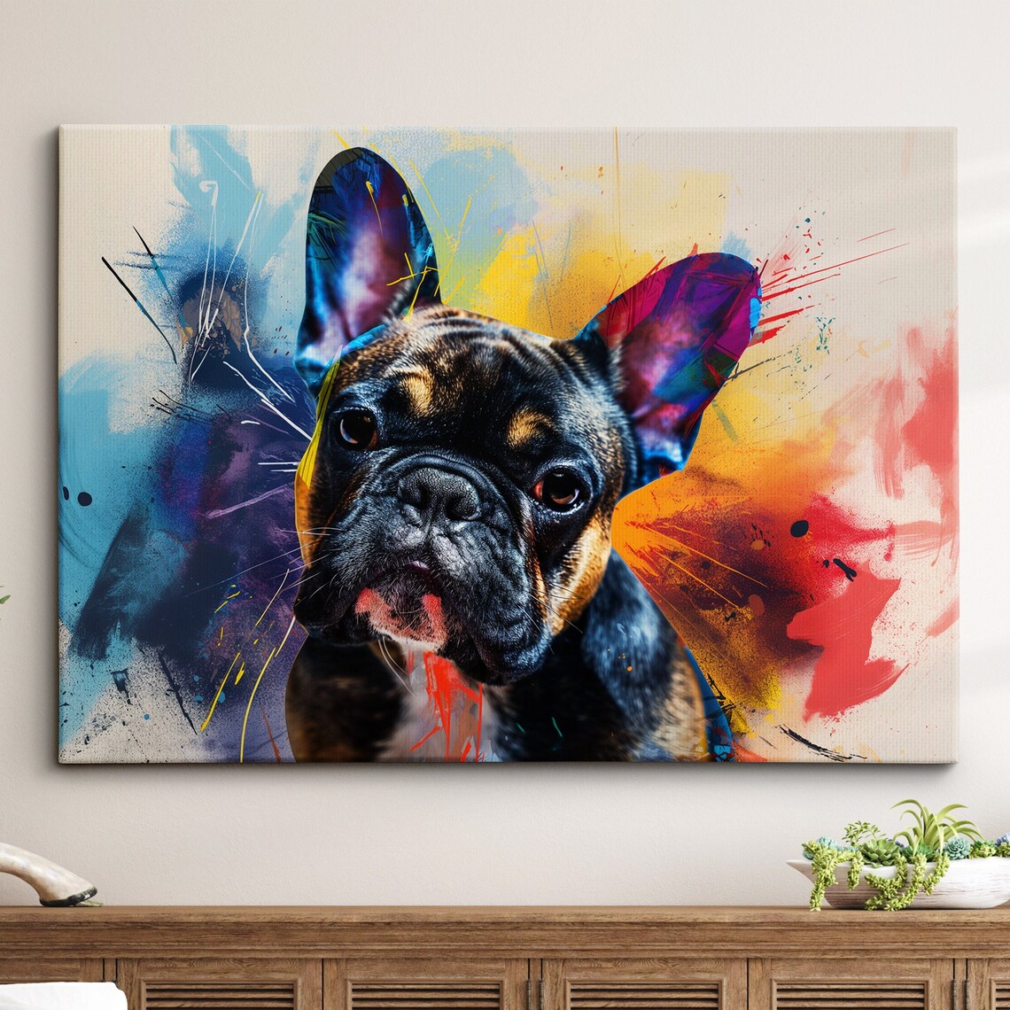 Colorful French Bulldog Dog Pet Abstract Modern Oil Painting Wall Art Framed Canvas Poster Print Home Living Room Decor Gift Ideas